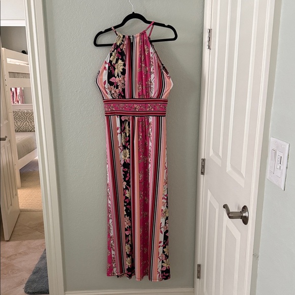 London Times Pink and Black Floral Striped Maxi Dress - Picture 2 of 6